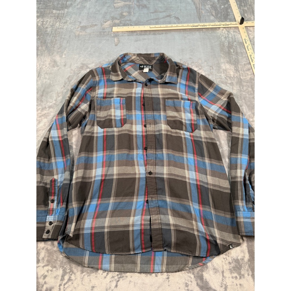RUDE Men's XL Plaid Flannel Shirt Blue Gray Red Long Sleeve Casual Button Down